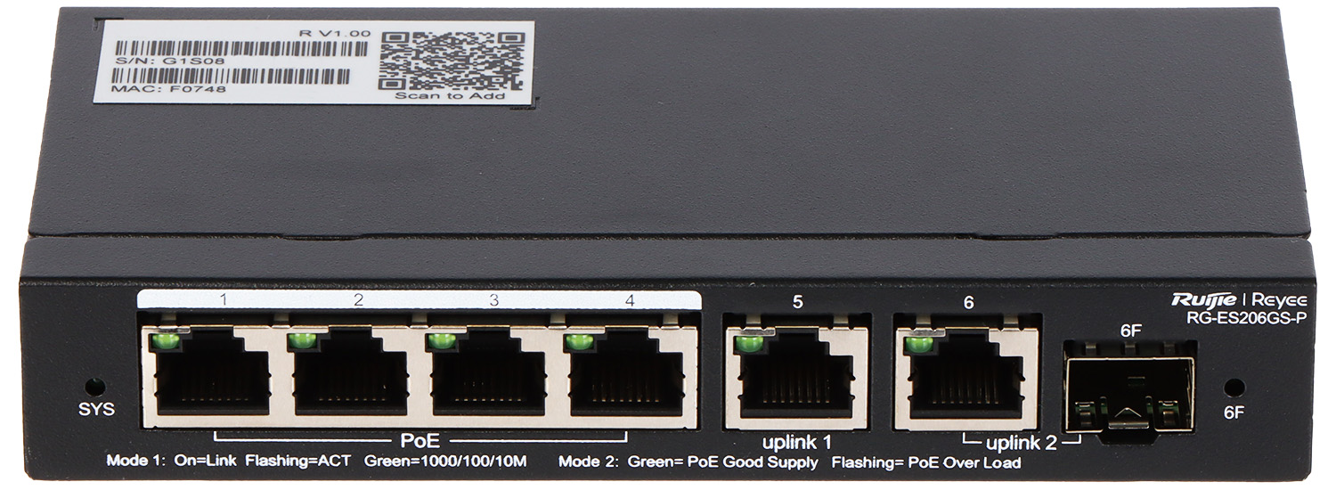 Reyee Switch 6-Ports Gb 4 PoE 2 Uplink RJ45 54W RG-ES206GS-P
